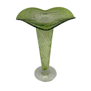 Spiral Ribbed Transparent Green Glass Vase with Circular Flat Base 10 1/2" Tall